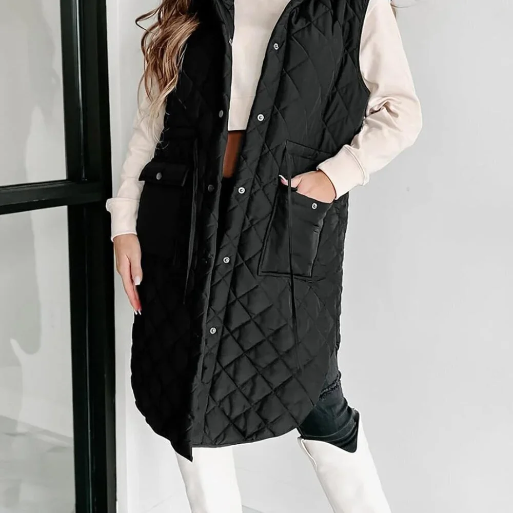 Women's Sleeveless Long Puffer Vest Quilted Hooded Winter Coat Light Warm - Picture 5 of 6